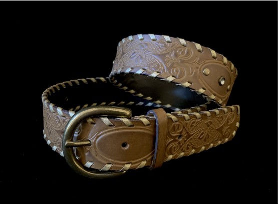 Carved Leather Tan Belt With Gold Toned Buckle Size Large