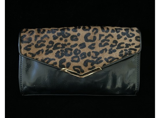 Gianni Bini Black Leather And Leopard Skin Pattern Envelope Clutch