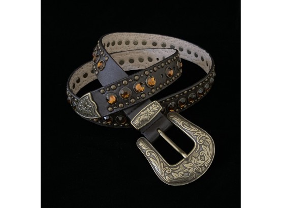 Brown Genuine Leather Lined Western Style Belt With Orange Rhinestones, Gold Tone Studs And Buckle