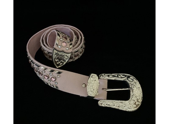 Pink Genuine Leather Western Style Belt With Pink And White Rhinestones And Silver Toned Buckle