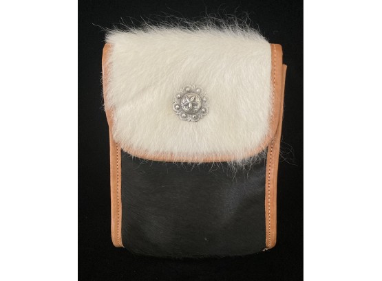 Grants Naturals Genuine Leather Crossbody With Black And White Hair On Cowhide And A Western Style Button