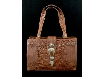 Never Been Used American West Carved Leather Purse With Silver Toned Ornaments