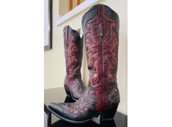 Corral Black Leather/wine Tall Top Inlay & Studs Cowgirl Boots Women's Size 8.5