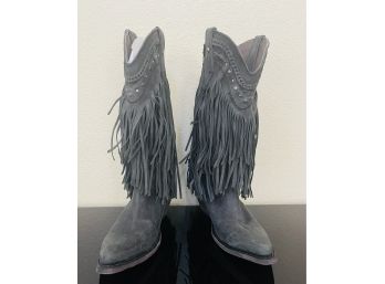 Caborca Black Leather Fringe Boots With Silver Toned Studs Womens Size 8 Made In Mexico