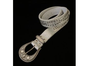 White Genuine Leather Croc Embossed Western Style Belt, With White Rhinestones And Silver Toned Buckle