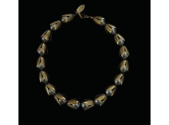 Lenora Dame Gold Tone Leaf And Grey Pearl Like Necklace