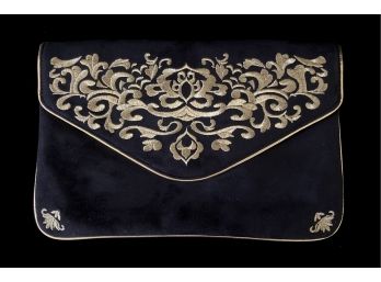 Black With Gold Tone Embroidered Adornments Envelope Clutch