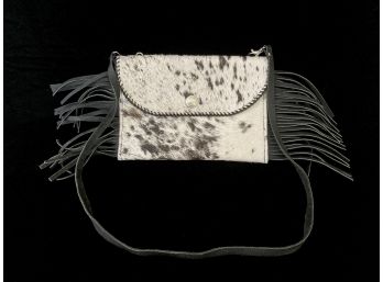 White With Black Spots Hair On Cowhide Purse/wristlet With Leather Fringe And A Bison Coin Stamped Button