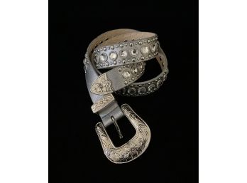 Genuine Leather Lined Silver Colored Western Style Belt With Clear Rhinestones, Silver Toned Studs And Buckle