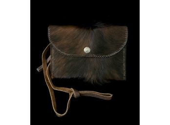 Genuine Leather With Brown Hair On Cowhide Envelope Purse With Bison Coin Stamped Silver Toned Button