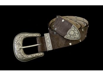 Brown Guess Genuine Leather Western Style Belt With Clear Rhinestones And Silver Toned Buckle