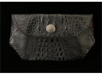 Black Crocodile Embossed Leather Clutch With Silver Toned Button Or Clasp