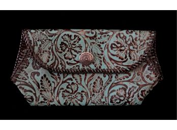Turquoise Colored Carved Leather Clutch With Silver Toned Button