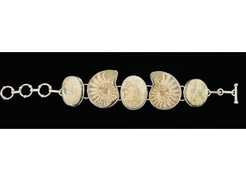 Beautiful Polished Ammonite And Stone Sterling Silver Bracelet