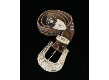 Genuine Leather And Hair On Cowhide Blue Rhinestone Studded Western Style Belt With Silver Toned Buckle