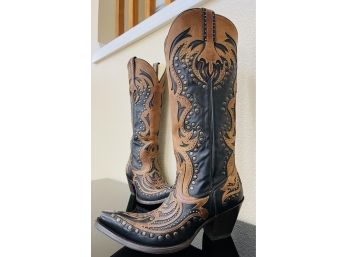 Corral Black With Cognac Inlay And Studs Cowboy Boot Women's Size 8.5