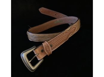 Resistol Full Grain Carved Leather And Hair On Cowhide Belt With Silver Toned Buckle Size 36