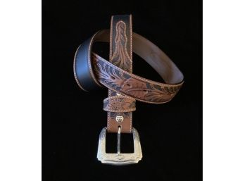 Tony Lama Carved Leather Belt With Silver Tone Belt Buckle Size 36