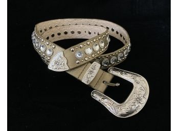 Genuine Leather Lined Gold Tone Western Style Belt With Clear Rhinestones And Silver Toned Buckle