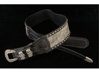 Grants Leather Hand Tooled Hair On Cowhide Western Style Belt With Silver Toned Buckle