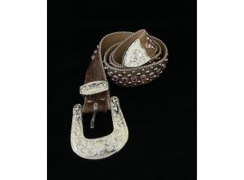 Genuine Leather And Hair On Cowhide Pink Rhinestone Studded Western Style Belt With Silver Toned Buckle