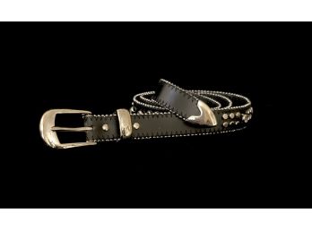 Bongo Genuine Leather Belt With Clear Rhinestones (missing 1) Silver Toned Buckle And Studs
