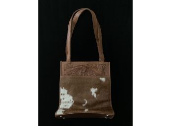 Brown Carved Leather And Hair On Cowhide Handbag