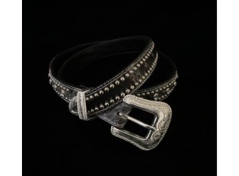 Grants Leather And Hair On Cowhide Western Style Belt With White Rhinestones And Silver Toned Buckle