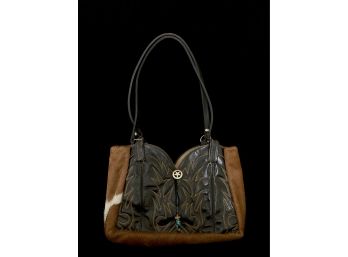 Leather Cowboy Boot And Brown And White Hair On Cowhide Purse With A Silver Toned Star Adornment