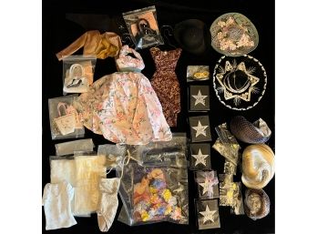 Lot Of Assorted Doll Accessories Including Wigs, Dresses, Hats And More
