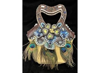 Mary Frances Handcrafted Beaded Handbag W/ Peacock Feathers