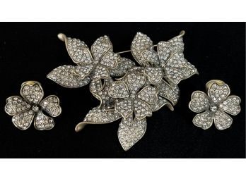 Heidi Daus Designer Triple Flower Layered Dimensional Trembler Brooch & Earrings