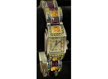 Heidi Daus Gold-Toned Wrist Watch W/ Multi Colored Rhinestone Bracelet