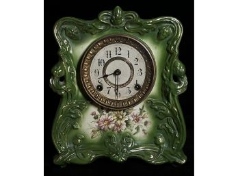 Antique Green Ansonia Porcelain 8 Day Chiming Mantel Clock -works!