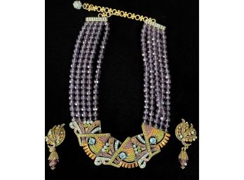 Heidi Daus 5 Row Purple Beaded Stepping Out Necklace & Earrings
