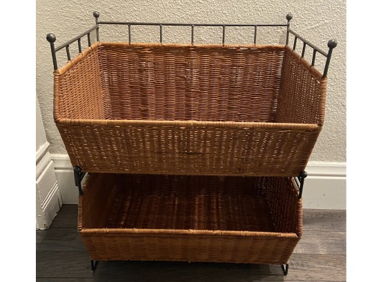 2 Stacking Wicker And Metal Storage Baskets