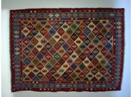 Colorful Geometric Goat Hair Tribal Rug With Short Fringe & Natural Dye Pigments