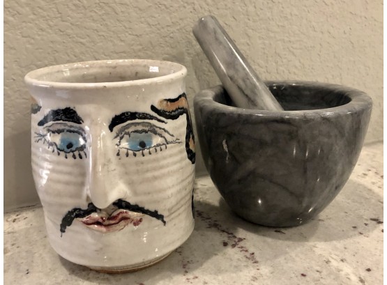 Signed Funky Face Mug + Marble Mortar And Pestle