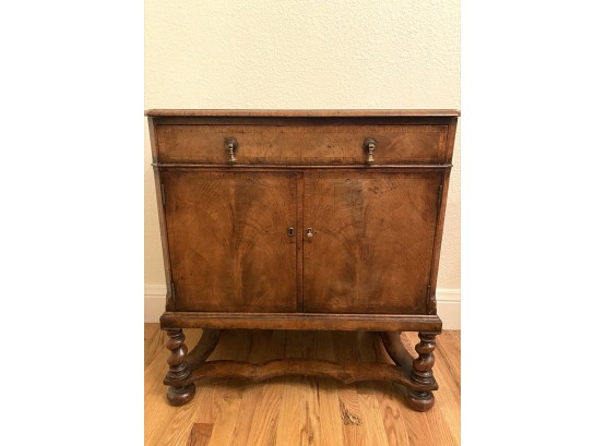 Antique Burled Wood Side Console Table With Locking Chest & Drawer Pulls