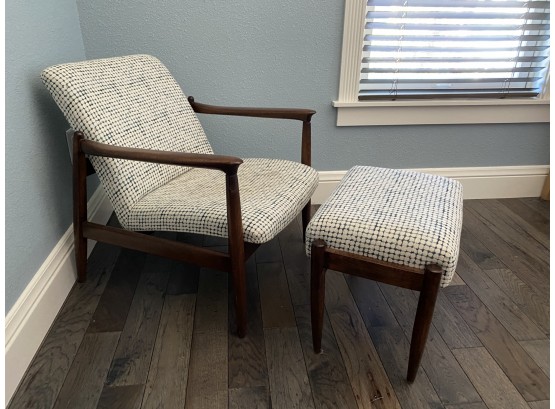 Low Profile Danish Modern Chair & Ottoman With Custom Upholstered Fabric