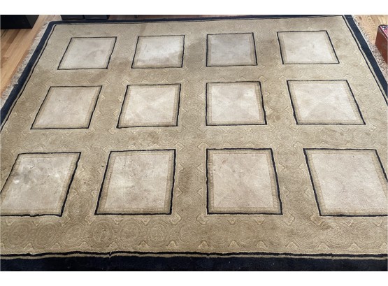 Large Chinese Wool Area Rug With Navy & Tan Colorway & Square Pattern