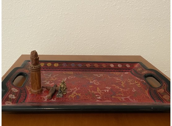 Decorative Tray With Buddhist Objects Featuring Tibetan Incense Holder