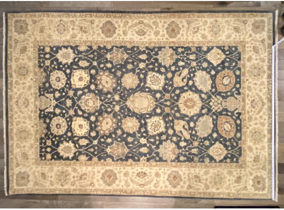 Large 100% Wool Hand Knotted Tree Of Life Area Rug With Blue And  White Floral Pattern