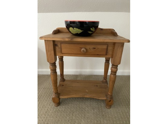 Pine Single Drawer Commode Side Table With Decorative Crate & Barrel Bowl