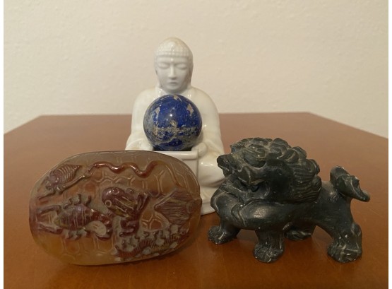 Collection Of Porcelain Buddha Holding Stone Ball With Jade Foo Dog
