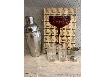 Stainless Steel Cocktail Shaker And Jigger, Four Shot Glasses, Vintage Cocktail Book