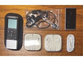 Lot Of Assorted Apple Headphones, Ipod Mini, And Olympus Voice Recorder