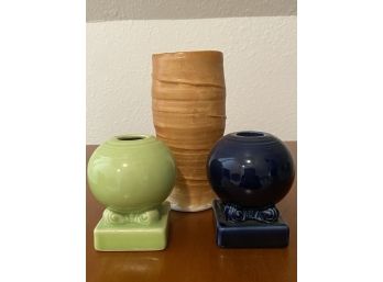 Set Of 3 Porcelain Objects Including Two Bulbous Porcelain Candle Holders