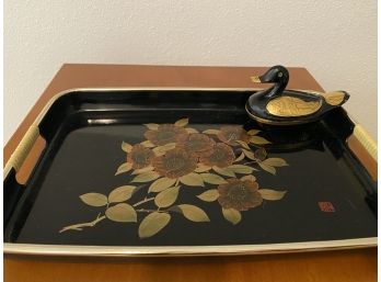 Signed Lacquered Tray With Painted Flowers And Decorative Gold Duck