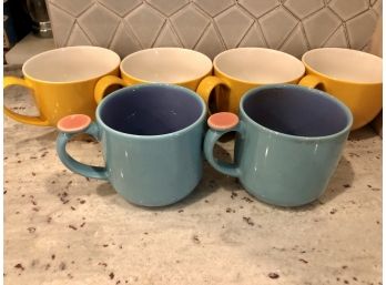 Four FORLIFE Sunny Mugs And Two Blue Two-tone Mugs With Pink Detail